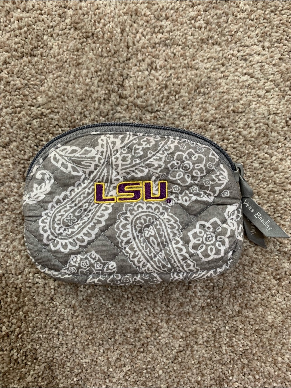 Vera Bradley LSU Louisiana University White Gray Quilted Paisley Zip Pouch Case